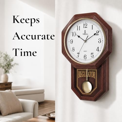 Pendulum Wall Clock, Real Wood Regulator Clock, Quiet, Non-Chiming, Wooden