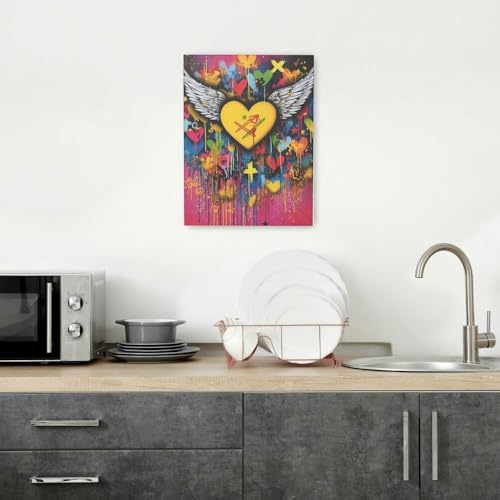 Crekviy Banksy Wall Art Street Graffti Wall Decor Heart Wings Canvas Prints Painting Romantic Artwork Decorations for Bathroom Bedroom Living Room Office Framed Gifts 12"x16"