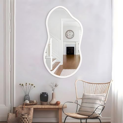 AAZZKANG Irregular Wall Mirror Wooden Large 26"x16" Decorative Hanging Mirrors Asymmetrical for Bedroom Dressing Room Living Room Bathroom Entryway White