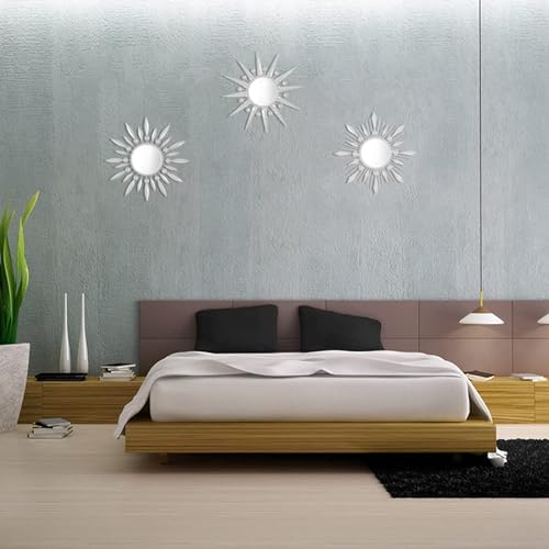 Silver Mirrors Wall Decor, Metal Sunburst Mirror Wall Art Decor Mirror | Manortang 9 inch Home Christmas Decoration Rhinestone Small Mirror for Living Room Entryway Set of 3