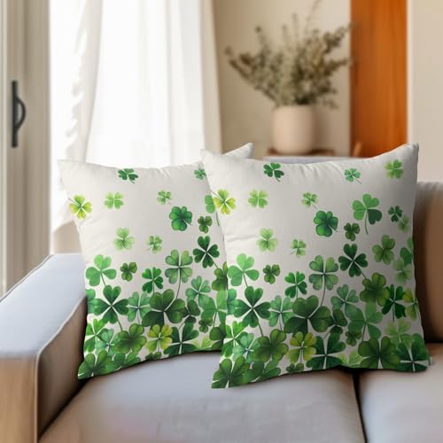Lucky Clover Shamrocks Throw Pillow Covers St. Patrick's Day Pillowcase 16x16inch Set of 2 Green Spring Holiday Decorative Cotton-Linen Square Cushion Cases for Home Couch Bed