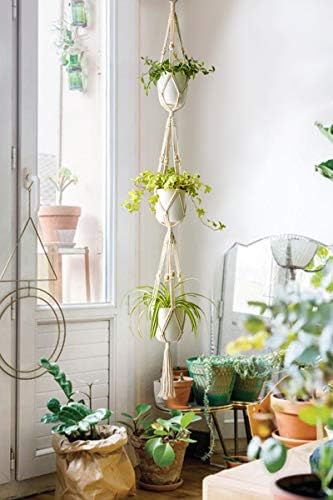 Mkono Macrame Plant Hanger 3 Tier Indoor Outdoor Hanging Planter Basket Cotton Rope with Beads 70 Inches (Pots and Plants NOT Included) (Pack of 3)