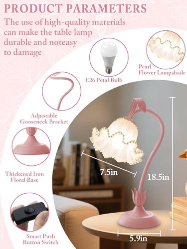 Flower Table Lamp LED Reading Light Vintage Night light (Pink Pearls)