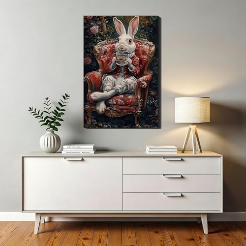 Noble Gentleman Easter Rabbit Canvas Print, Vintage Framed Bunny Art for Office Wall Decor, Victoria Spring Canvas Art Pictures for Living Room Hallway Holiday Wall Decoration