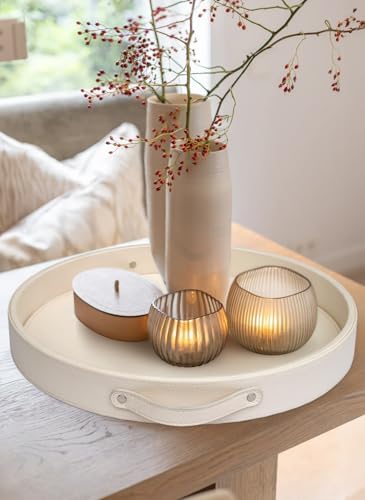 HofferRuffer Top Nocth PU Leather Round Serving Tray, Decorative Serving Tray with Handles, Coffee Tray, Ottoman Tray for Home Or Office, Diameter 14.6-inch (CreamWhite)