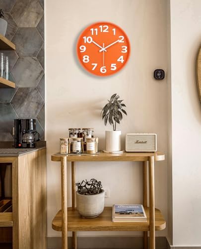 45MinST 12-Inch Modern Indoor Outdoor Wall Clock, Minimalist Orange Design, Silent Non-Ticking, Large Numbers, Perfect Decorative Accent for Home or Office (Orange)