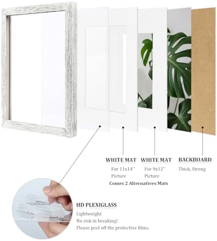 Egofine 12x16 Picture Frames Set of 4, Made of Solid Wood Covered by Plexiglass 9x12 and 11x14 with Mat or 12x16 without Mat, for Wall Mounting Photo Frame Driftwood White