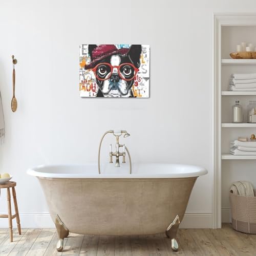 French Bulldog Decor Wall Art Funny Graffiti Dog Pictures Cute Puppy Canvas Prints Painting Pet Artwork English Bulldog Decorations for Bathroom Bedroom Living Room Framed Dog Lover Gifts 20"x24"