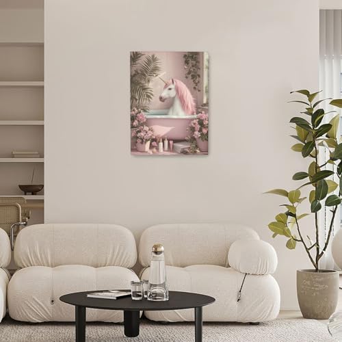 Pink Unicorn Bathroom Decor Wall Art Unicorn in Bathtub Canvas Prints Painting Cute Animal Bathing Pictures Artwork Home Decorations for Girls Restroom Framed Gifts 12"x16"