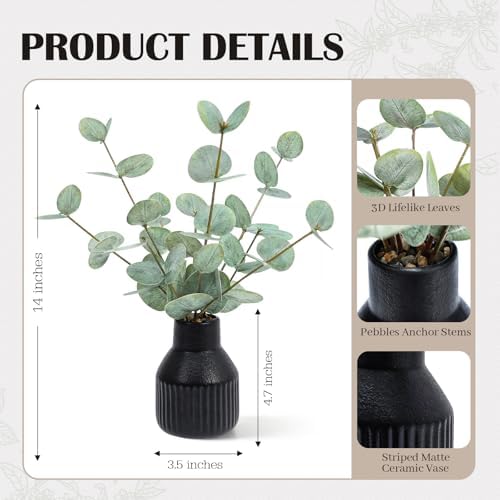 FIACO Artificial Eucalyptus Stems in Ceramic Vase, 14" Fake Plants for Home Decor, Coffee Table Centerpiece Bathroom Shelf Dining Table Farmhouse Faux Greenery Plants Indoor Decorations