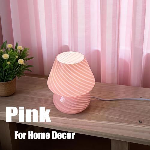jonong Bedside Lamp Glass Striped Mushroom Table Lamp with 3 Color Modes LED Small Decorative Table Lamp for Gift Present,Suit for Bedroom, Living Room, Home Decor, Baby, Kids, Women (Pink)