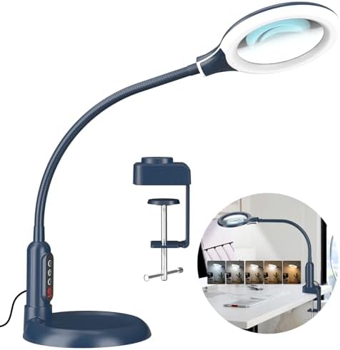 10X Magnifying Glass with Light and Clamp, 5 Color Modes Stepless Dimmable Lighted Magnifier with Stand, Flexible Gooseneck LED Desk Lamp Hands Free for Craft Painting Hobby Close Work - Blue