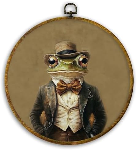 CUANFDDSF Vintage Frog Gentleman Round Wall Art, Dark Academia Whimsical Animal Framed Hanging Wall Decor, Retro Toad Frog Lover Gifts Canvas Prints Decorations for Home Living Room, 10x10 Inch
