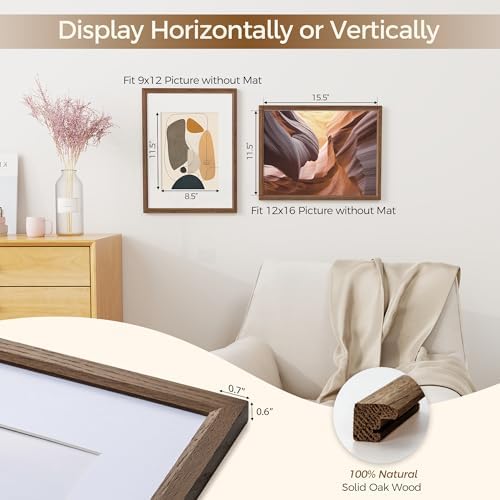 Fun Memories 12x16 Picture Frame, Solid Oak Wood Picture Frames, Modern Photo Frame for Wall 12x16 with 8.5x11 Mat, High Definition Plexiglass & Wall Hook Included (Walnut, 1 Pack)