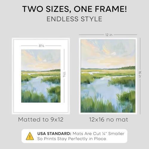 Homeforia 12x16 White Picture Frame, High-End Metal, 9x12 Mat, Glass