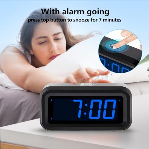 Digital Alarm Clock Battery Operated with LED Display for Bedrooms, Long Battery Life, 3 Brightness Adjustable, 12/24 Hour, Snooze, Black Case with Blue Digits