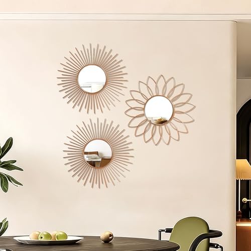 3 Pack Metal Mirrors for Wall Sunburst Wall Mirrors Home Décor Decorative Hanging Wall Art for Living Room Bedroom Entryway (Rose Gold2, Flower+Sunburst)