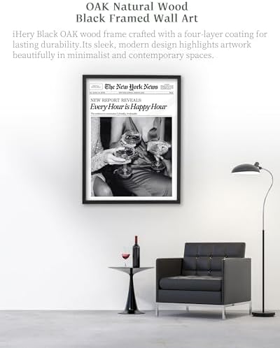 iHery 12x16in Every Hour Is Happy Hour Black Framed Newspaper Wall Art | Premium Black Natural OAK Wood Frame with Canvas Print, Retro Editorial Decor for Bedroom, Girl Dorm, Living Room 1Pack