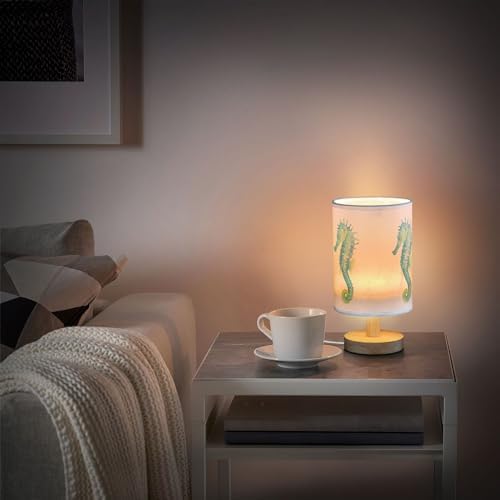 Table Lamp Watercolor Seahorse Marine Animal Nightstand Lamp with Wood Base Fabric Lamp Shade Bedside Desk Lamp for Living Room Bedroom Kids Room Office