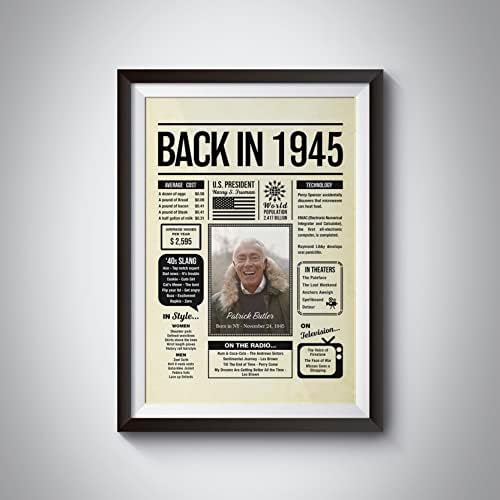 Personalized 80 Year Old Birthday Gifts For Men Women - Back in 1945 Poster with Photo - Party Table Centerpiece 80th Birthday Decorations for Men Women - Custom Born in 1945 Newspaper Vintage Poster
