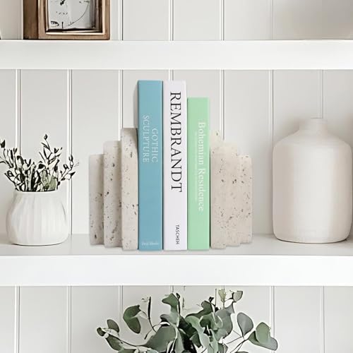 Decorative Book Ends for Shelves - Boho Aesthetic Bookends Decor - Heavy Duty Travertine Book Stopper Holder for Home Office Desk Coffee Table (Grey)