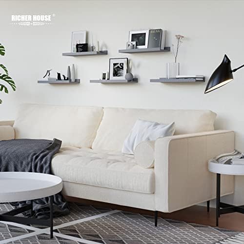 RICHER HOUSE 5-Set Floating Shelves with Lip, Grey Wall Mounted Wood Shelf