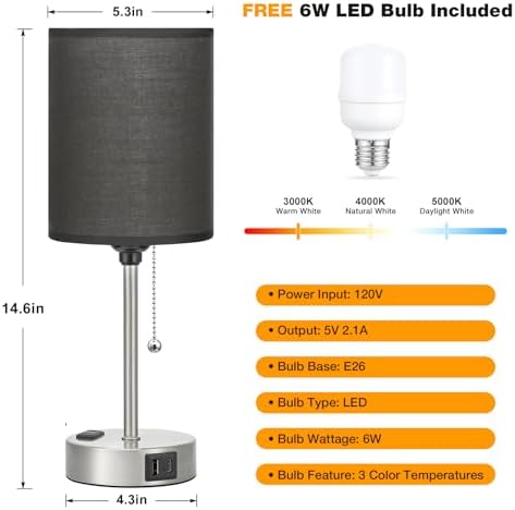 Small Bedside Table Lamp for Bedroom - Desk Lamp with USB Ports for Dorm