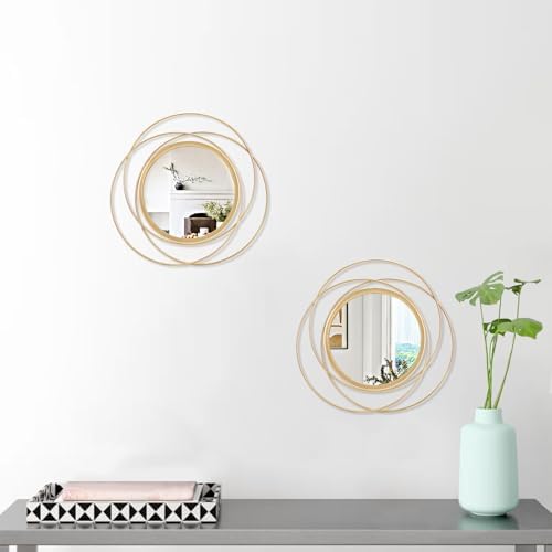 2 Pcs Decorative Circle Wall Mirror Gold Round Modern Mirrors Wall Art Ring Metal Wall Decor Wall Mounted Mirror for Bedroom Living Room Entryway Hallway