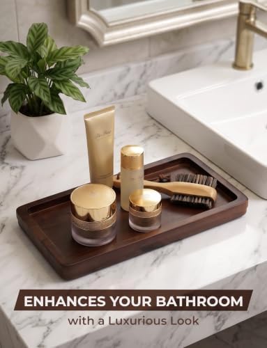Demigo Bathroom Vanity Tray, Dark Brown Acacia Wood Tray, 11.8 x 5.9 in