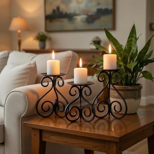 Hosley Illuminate in Style with Our Set of 3 Iron Candle LED Pillar Holders - Large 7 Inches, Medium 6 Inches, Small 5 Inches High for Versatile and Elegant Home Decor