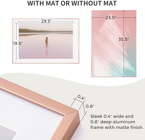 24x36 Metal Picture Frame with 20x30 Mat, Brushed Aluminum Finish, Tempered Glass Front, and Attached Hanging Hardware - Versatile Wall Display Frames for Vertical or Horizontal Orientation(Rose Gold,