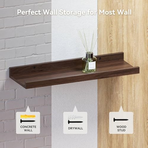 RICHER HOUSE 5-Set Floating Shelves with Lip, Walnut Wall Mounted Shelf