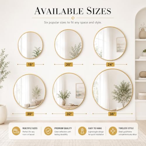 Garvee 32 Inch Round Wall Mirror Gold Metal Frame Crystal Clear Glass Decor