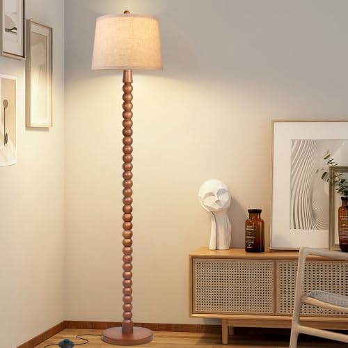 Ruiever Wood Floor Lamp for Living Room,Real Wood Standing Lamp with Color Changing Bulb, Tall Lamp with Linen Shade, Floor Lamp for Bedroom,Corner,Dining Room (Walnut Finish with 3 Color LED Bulb)