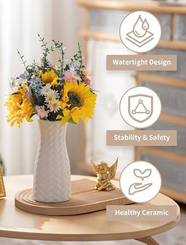 NUPTIO White Ceramic Flower Vase, Woven Texture, 7.9" Tall, Unglazed | Gold Flower Arrangement Holder, Welcome Floor Stands, for Wedding Ceremony