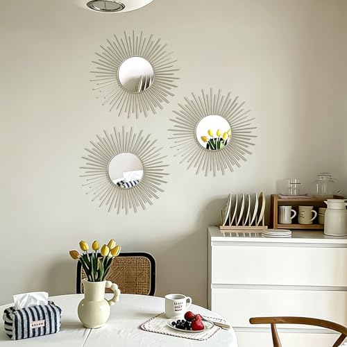 3 Pack Metal Mirrors for Wall Sunburst Wall Mirrors Home Décor Decorative Hanging Wall Art for Living Room Bedroom Entryway (Silver2, Sunburst)