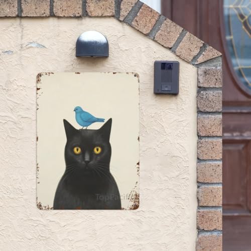 Funny Metal Tin Sign Cat With Blue Bird - Vintage Wall Art for Living Room, Bathroom, Kitchen - Humorous Home Decor Poster - Man Cave Decoration 12x8 Inches(4038)