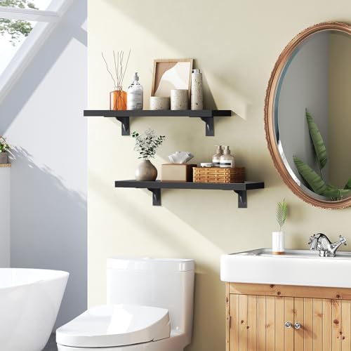 HOOBRO Floating Shelves for Wall, 15.7" Wall Mounted Shelves Set of 2, Hanging Storage Shelf with Metal Brackets, Wooden Shelf for Living Room, Bedroom, Bathroom, Black BK42BJP201G1