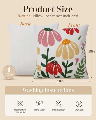 JASEN Embroidered Floral Boho Throw Pillow Cover 18x18 Inch - Decorative Cotton Pillow Case for Couch, Sofa, Bedroom, Living Room - Farmhouse Home Aesthetic Housewarming Gifts (Floral, 18" x 18")
