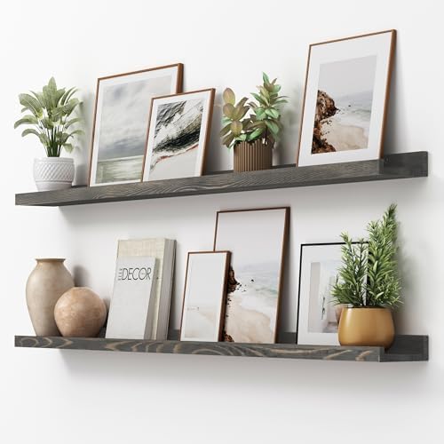 FLYJOE Picture Ledge Shelf, Floating Shelves Set of 2, Solid Pine Wood 55'' Long Large Nursery Book Shelves for Toys Storage, Kids Bookshelf for Living Room Bedroom Decor Books Photo Frames, Grey