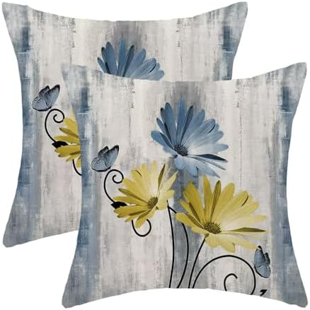 Baby Blue Yellow Floral Pillow Covers 18 x 18 Inch Set of 2 Daisy Floral Butterfly Decorative Throw Pillow Covers Linen Rustic Farmhouse Cushion Cases for Home Sofa Couch Living Room Decor