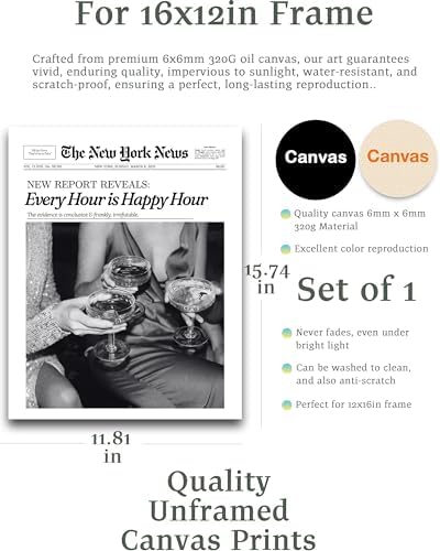 iHery 12x16in Every Hour Is Happy Hour Unframed Newspaper Wall Art | Unframed Canvas Print, Retro Editorial Decor for Bedroom 1Pack