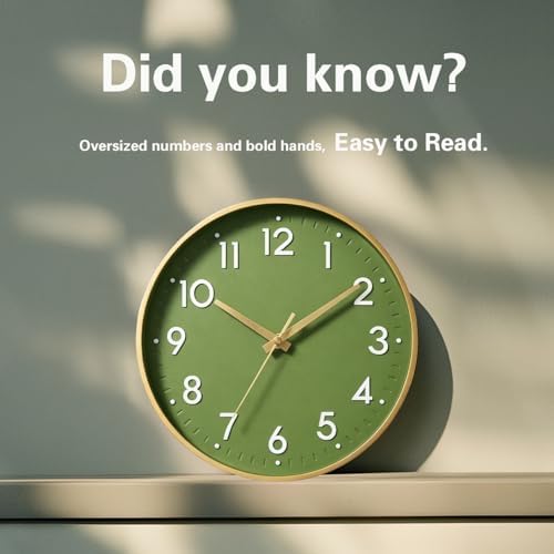 Mosewa 14 Inch Wall Clock Battery Operated Silent Non Ticking Analog | Olive green & gold modern clock; oversized 3D easy-read dial for kitchen, bedroom & office; 1 AA battery (not included)