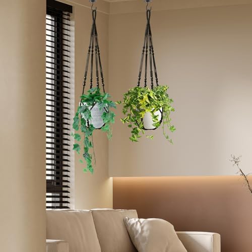 LEWESU Macrame Plant Hanger Indoor Set of 2 with 4 Hooks, Indoor Outdoor Hanging Planter for Plants Holder with Decorative Wood Beads & No Tassels, Boho Home Decor, 35 Inch Black (Pots Not Included)