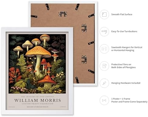 Poster Master William Morris Poster - Mushrooms Print - Flower Art - Farmhouse Illustration - Floral Illustration - Aesthetic Piece - Office or Living Room Decor - 8x10 White Framed