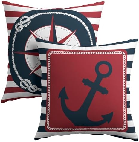 Anchor Compass Throw Pillow Cases Outdoor Nautical Pillow Covers Blue and White Stripes Decorative Cushion Cover 18x18 Inch Red and White Cotton Linen Pillowcases for Beach Coast Home Bedroom