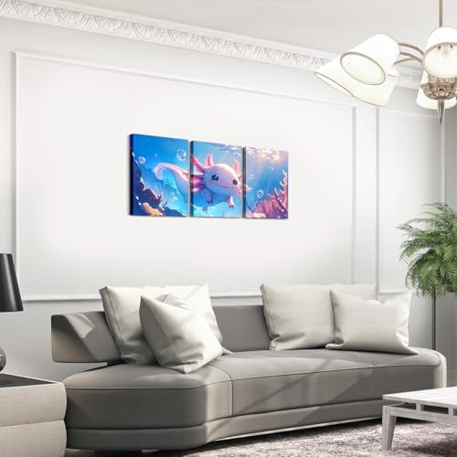 Feelyou Cute Axolotl Canvas Wall Art Kids Living Room Wall Decor for Bedroom Bathroom Ocean Sealife Paintings Modern 3 Piece Framed Canvas Art Prints Ready to Hang Cartoon Axolotl Pictures Home Decor