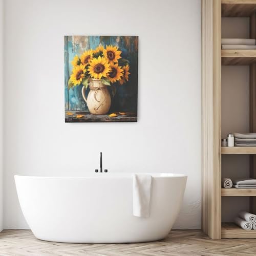 Crekviy Sunflower Wall Art Vintage Flower Wall Decor Farmhouse Canvas Prints Painting Yellow Floral Pictures Decoration for Bathroom Bedroom Living Room Framed Artwork Gifts 20"x24"