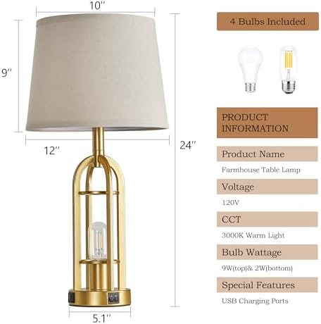 SRJJA Gold Table Lamps for Living Room Set of 2 - Modern Farmhouse Bedside Lamps for Bedroom Night Stands with Nightlight and USB A+C, Industrial Lamp for Living Room End Tables