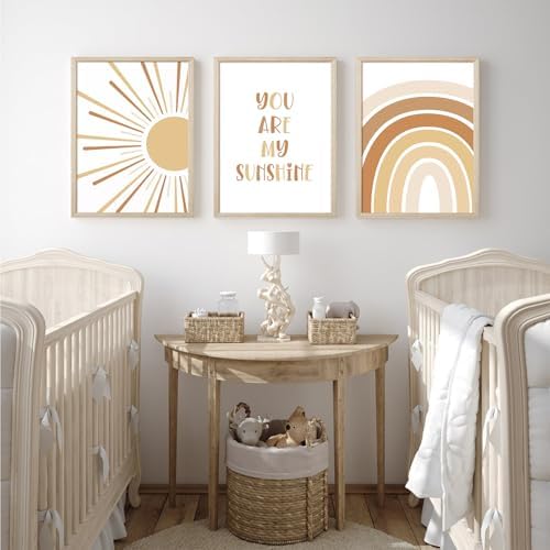 Baccone Boho Nursery Wall Art Baby Girl Wall Decor Kids Rainbow Canvas Wall Art You Are My Sunshine Pictures Toddler Sun Prints Nursery Artwork for Room Bedroom Set of 3 16x24 Inch Unframed